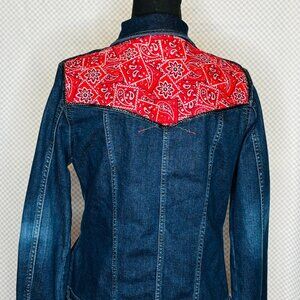 OOAK UpCycled Western Jean Jacket w/Red bandanna black braided leather accent -M
